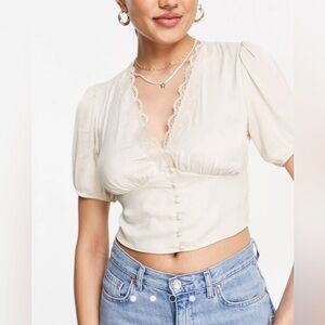 Stradivarius satin romantic blouse with lace trim in stone